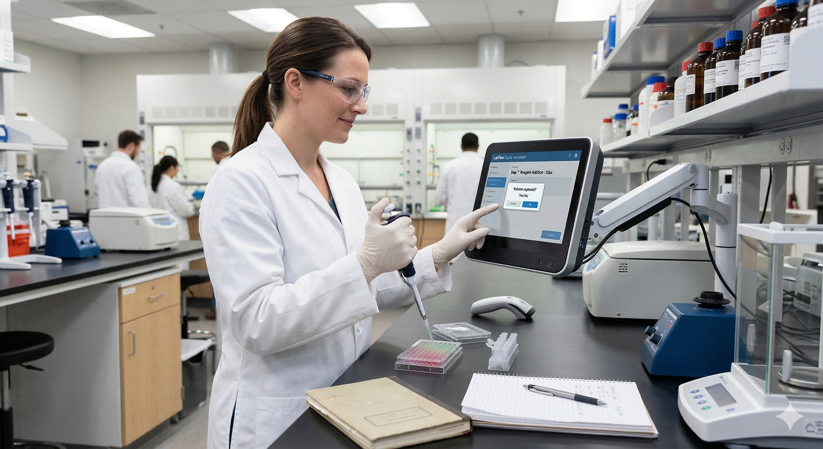 Scientist using a digital documentation tool at the lab bench